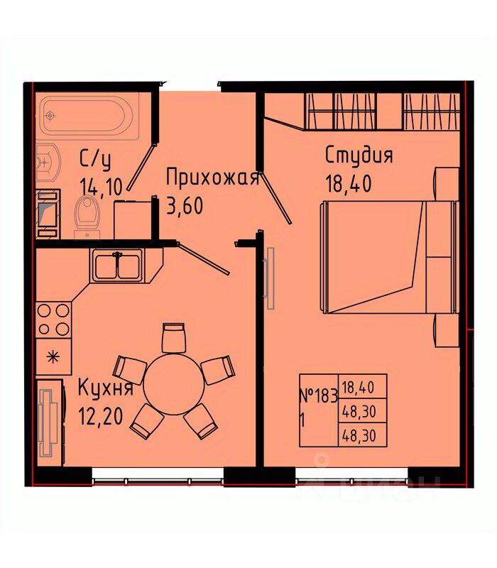 1-комн. квартира, 38,3 м², в ЖК Pixel