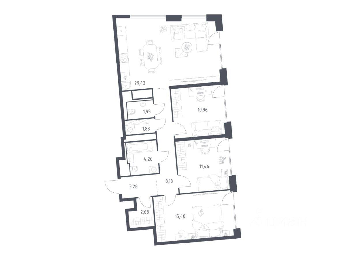 3-комн. квартира, 89,43 м², в ЖК Квартал на воде