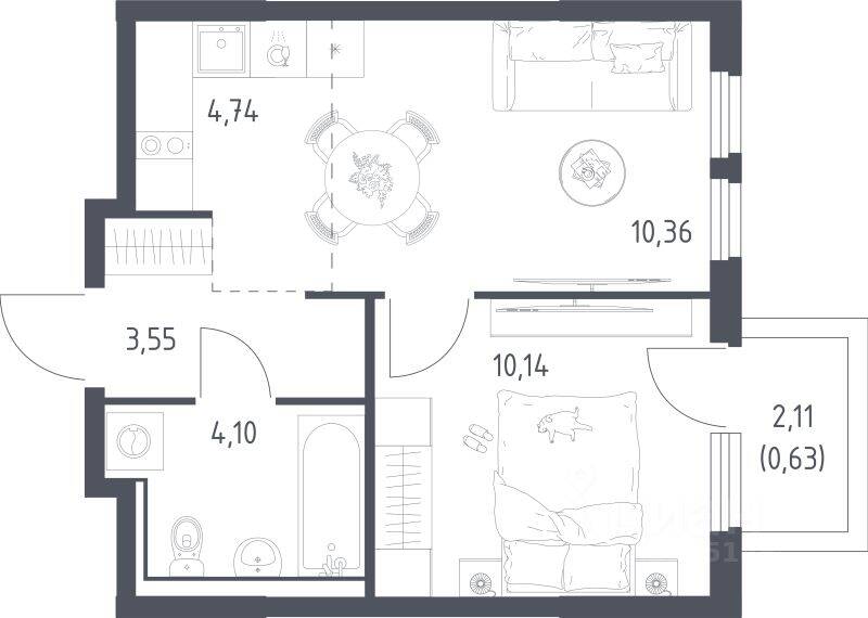 1-комн. квартира, 33,52 м², в ЖК «Пригород Лесное»