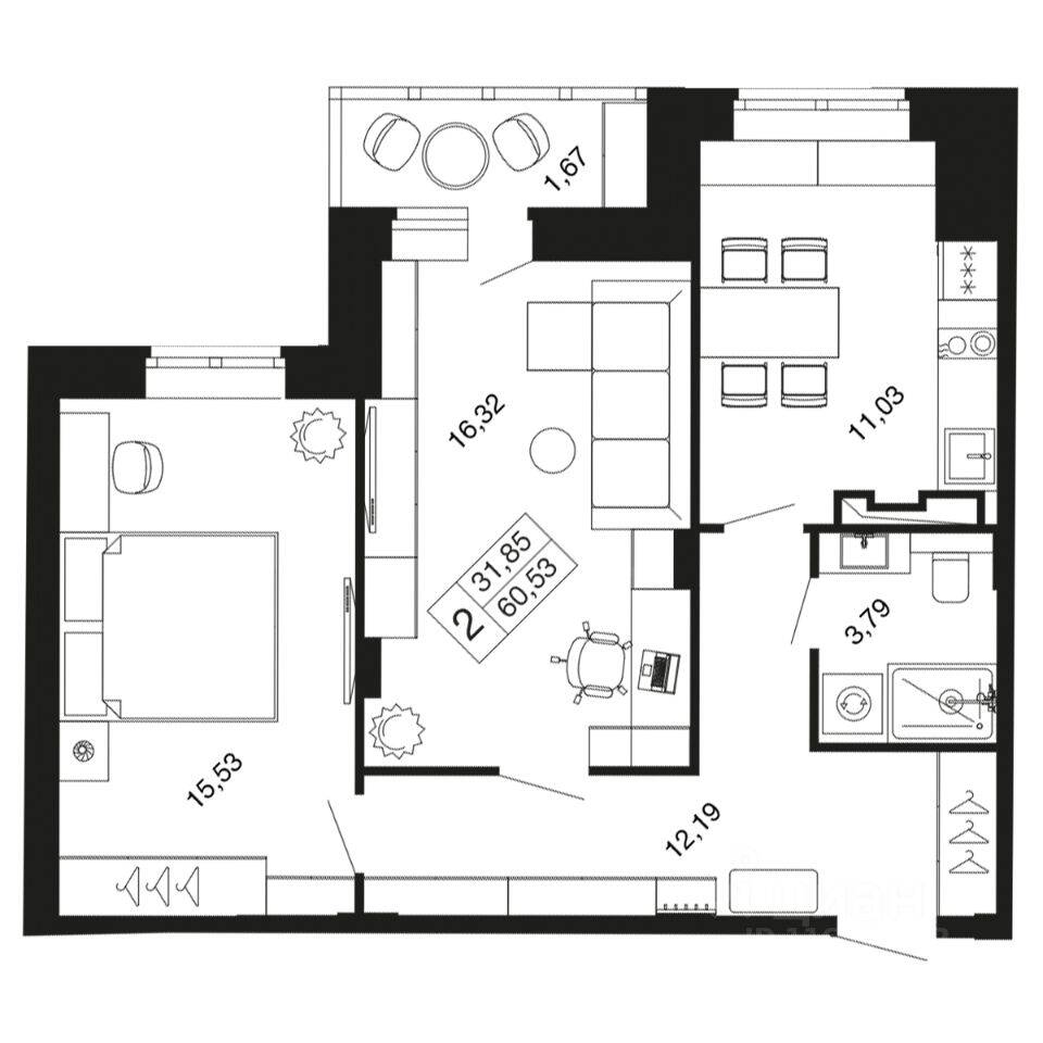 2-комн. квартира, 60,5 м², в ЖК «Времена года»