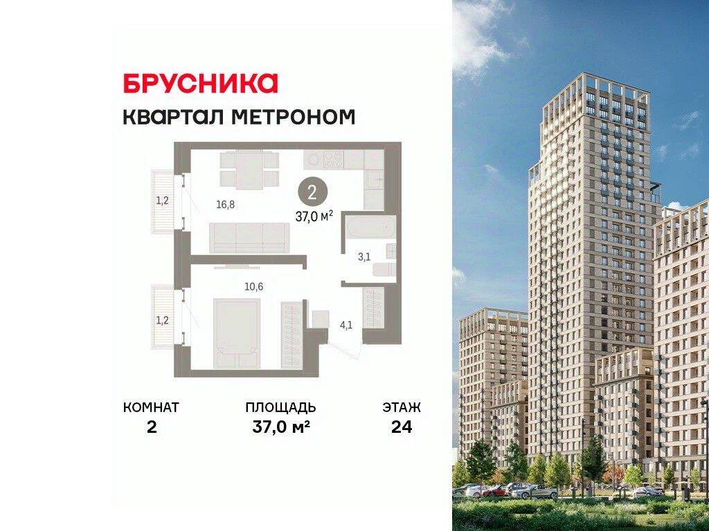 2-комн. квартира, 37 м², в ЖК Квартал Метроном