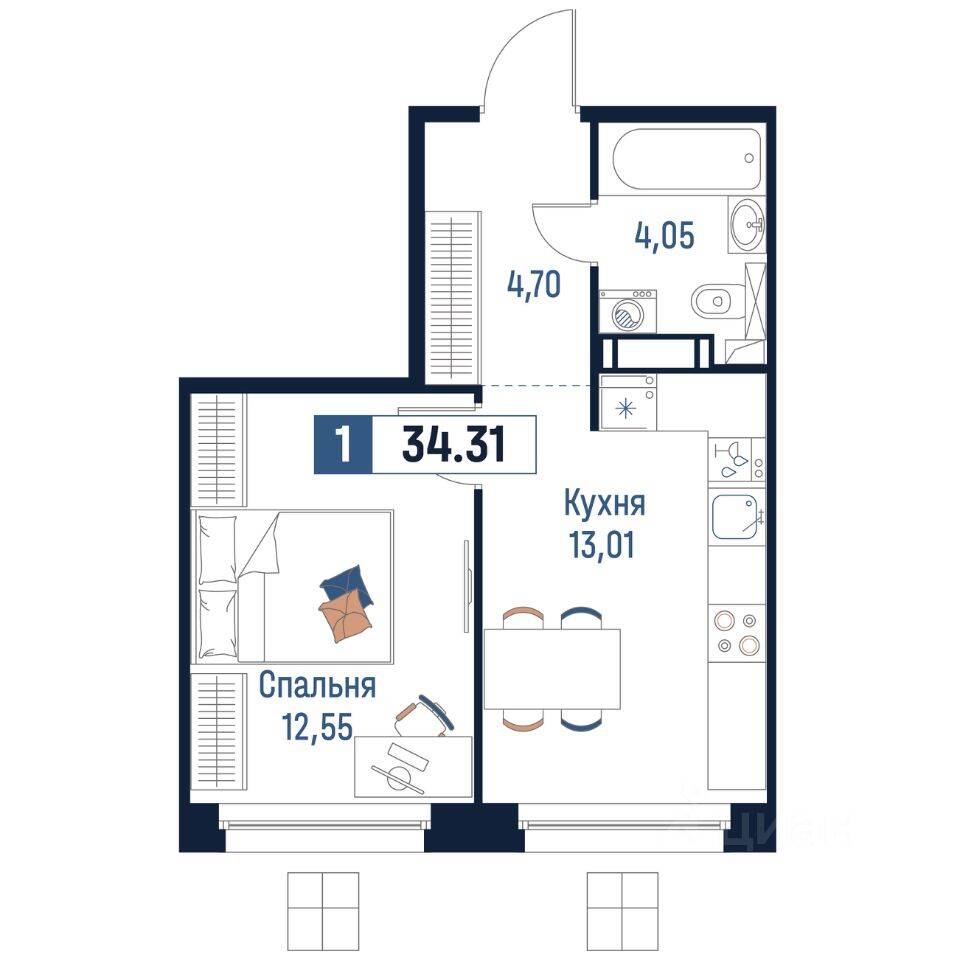 1-комн. квартира, 34,31 м², в ЖК Максималист