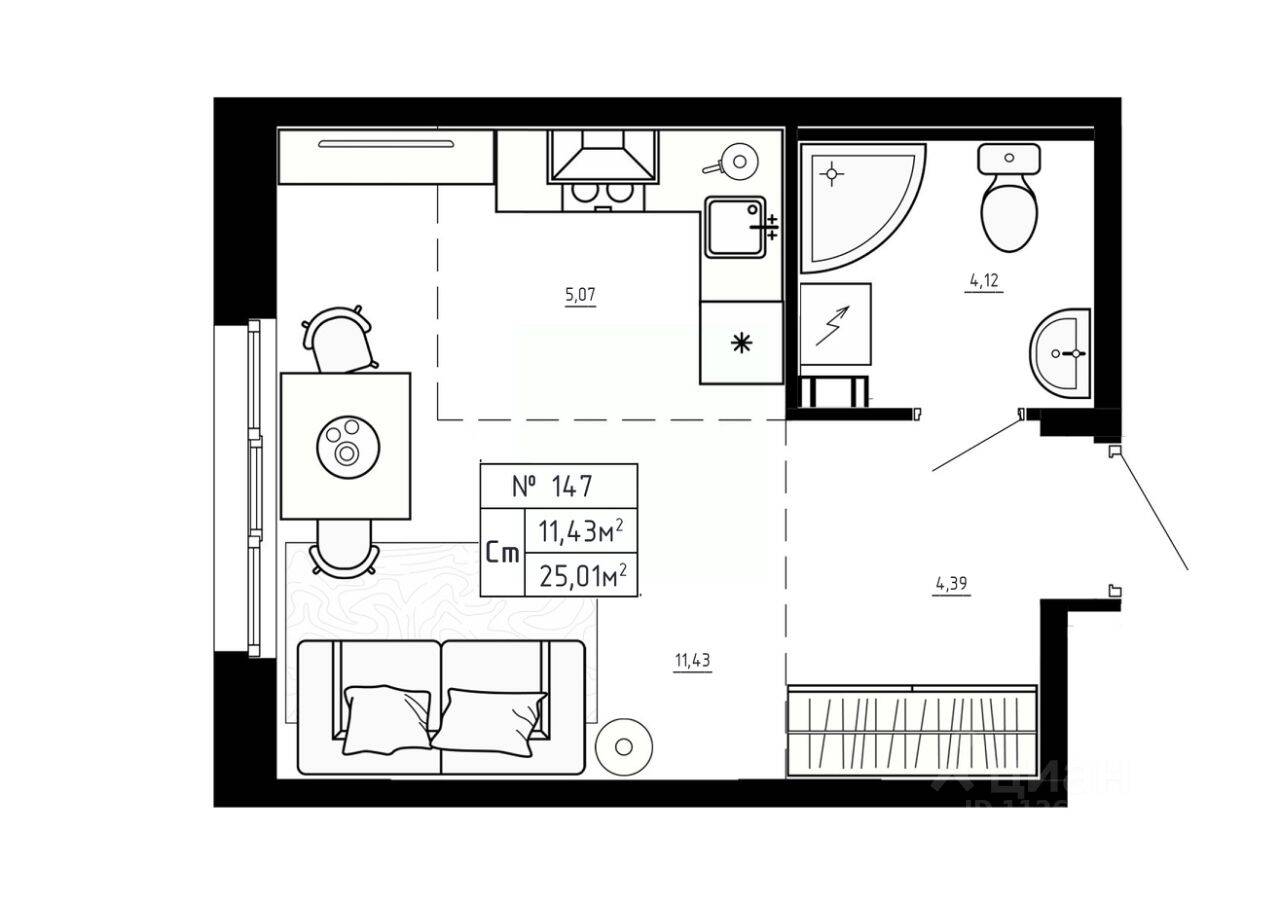 Планировка 1 комнатной квартиры, 25.01 м², в «Аннино Сити»