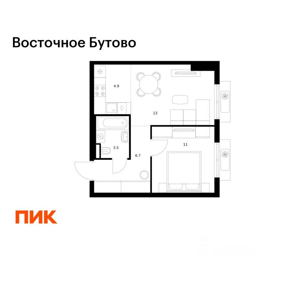 1-комн. квартира, 39,1 м², в ЖК «Восточное Бутово»