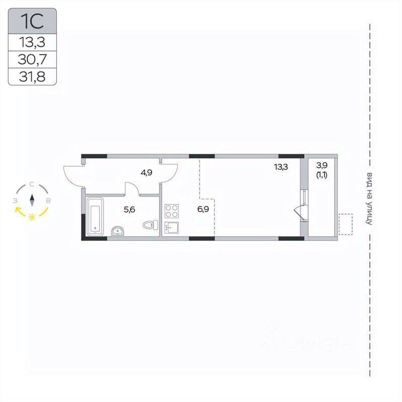 Квартира-студия, 31,8 м², в ЖК «Пироговская Ривьера»