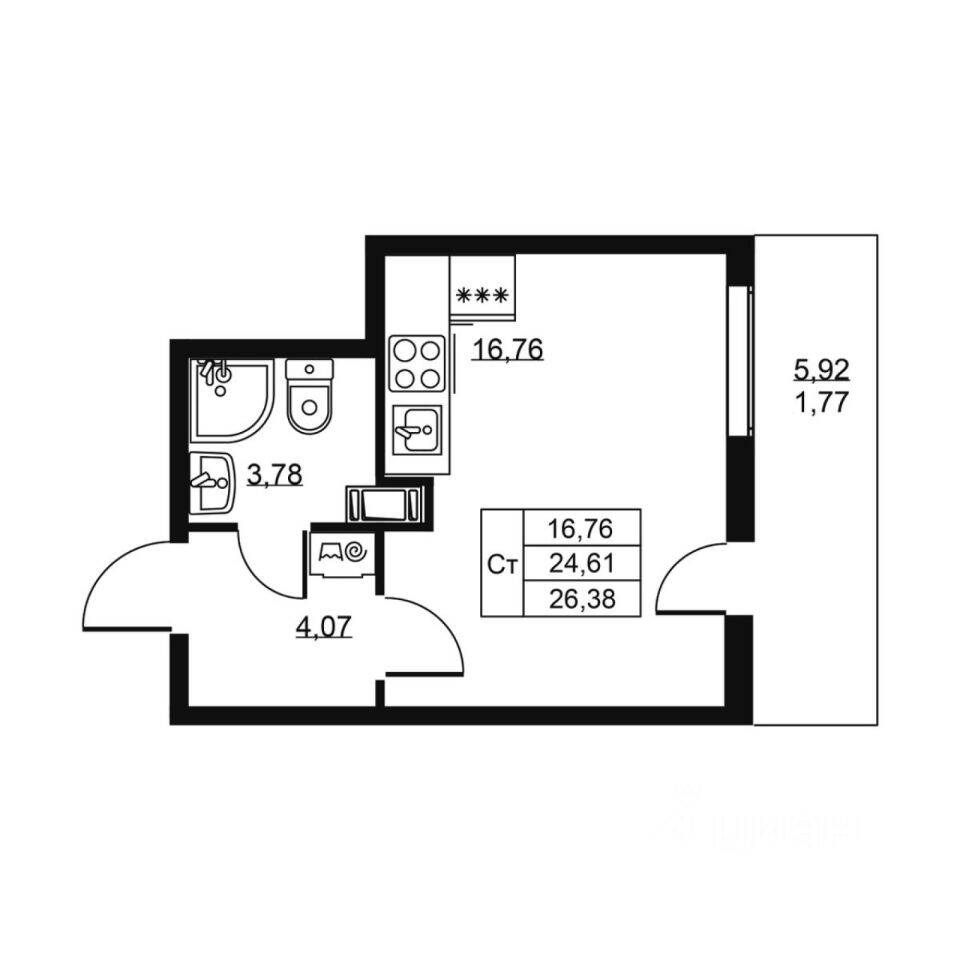 Квартира-студия, 26,38 м², в ЖК «Высота» (Бугры)