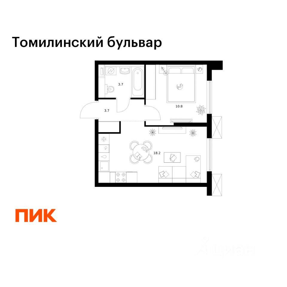1-комн. квартира, 36,4 м², в ЖК Томилинский бульвар