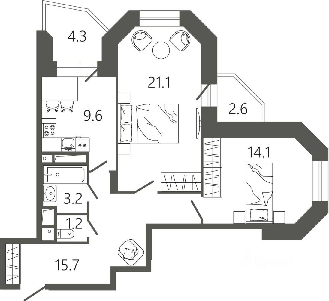 2-комн. квартира, 68,4 м², в ЖК «Советская 18»