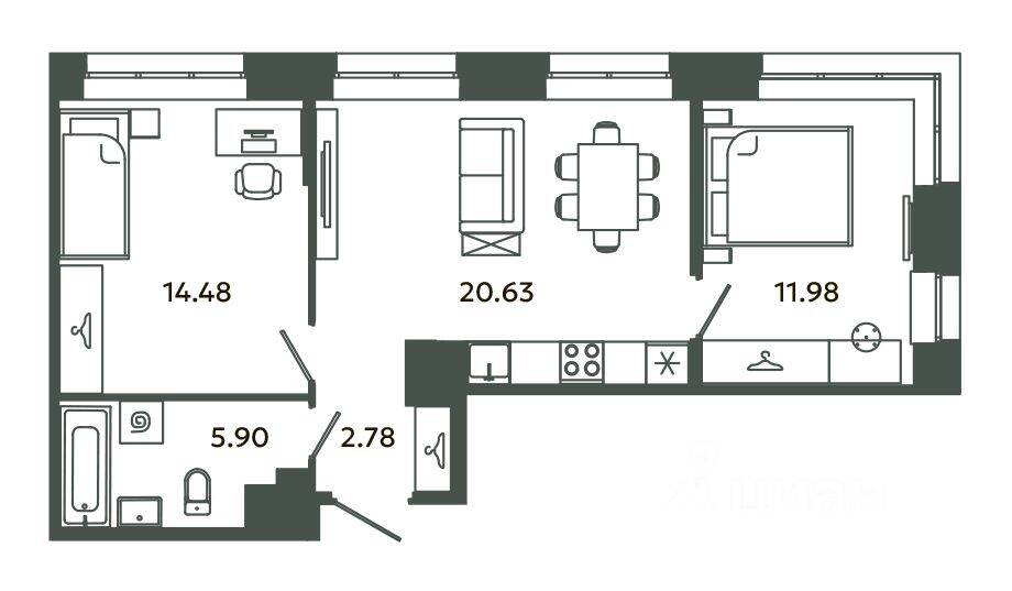 2-комн. квартира, 55,77 м², в ЖК Загляденье
