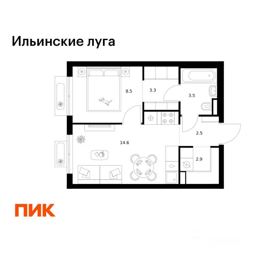 1-комн. квартира, 35,3 м², в ЖК «Ильинские луга»