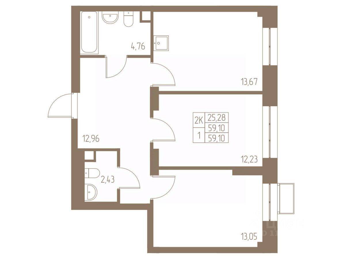 2-комн. квартира, 59,1 м², в ЖК Фабрикант