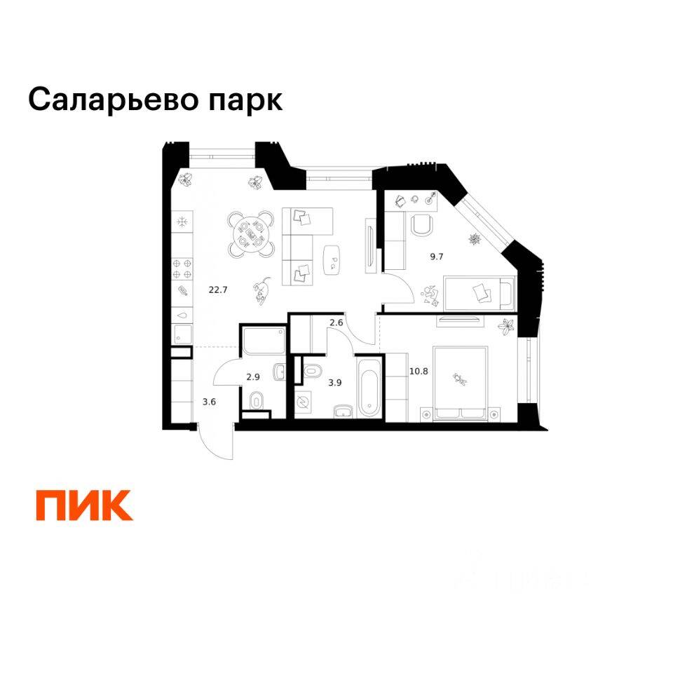 2-комн. квартира, 56,2 м², в ЖК «Саларьево парк»