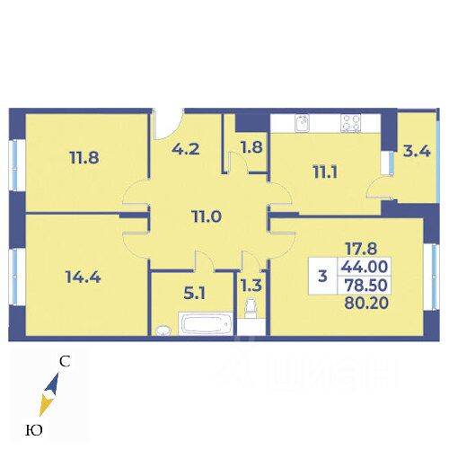 3-комн. квартира, 80,2 м², в ЖК «Эдельвейс» (ЦентрСтрой)