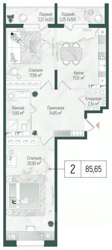 2-комн. квартира, 90,21 м², в ЖК Riga Hills