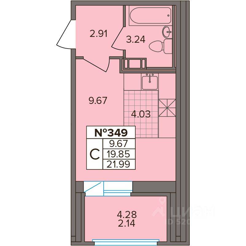 Квартира-студия, 21,9 м², в ЖК Капральский