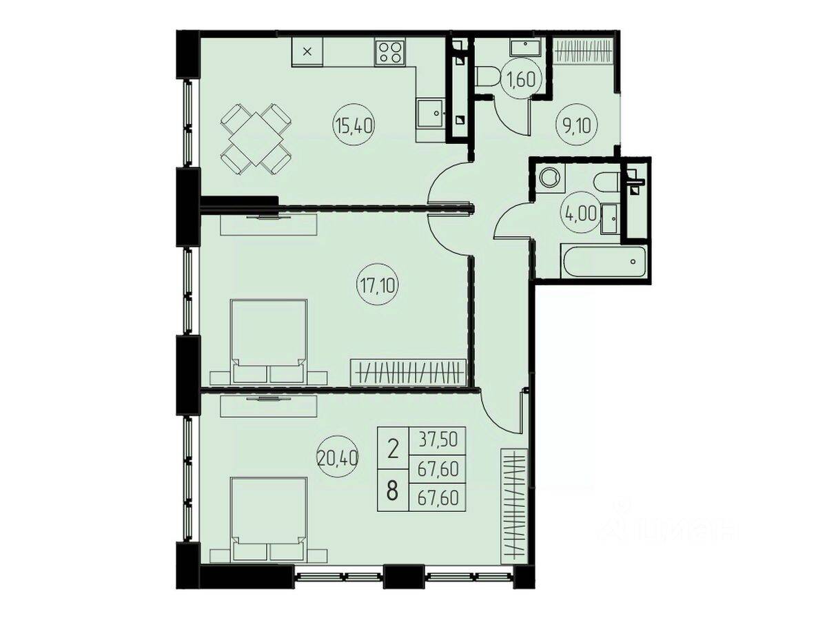 2-комн. квартира, 67,6 м², в ЖК 7 небо