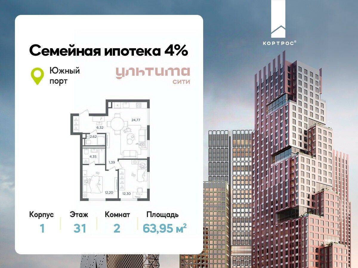 2-комн. квартира, 63,95 м², в ЖК «УЛЬТИМА Сити»