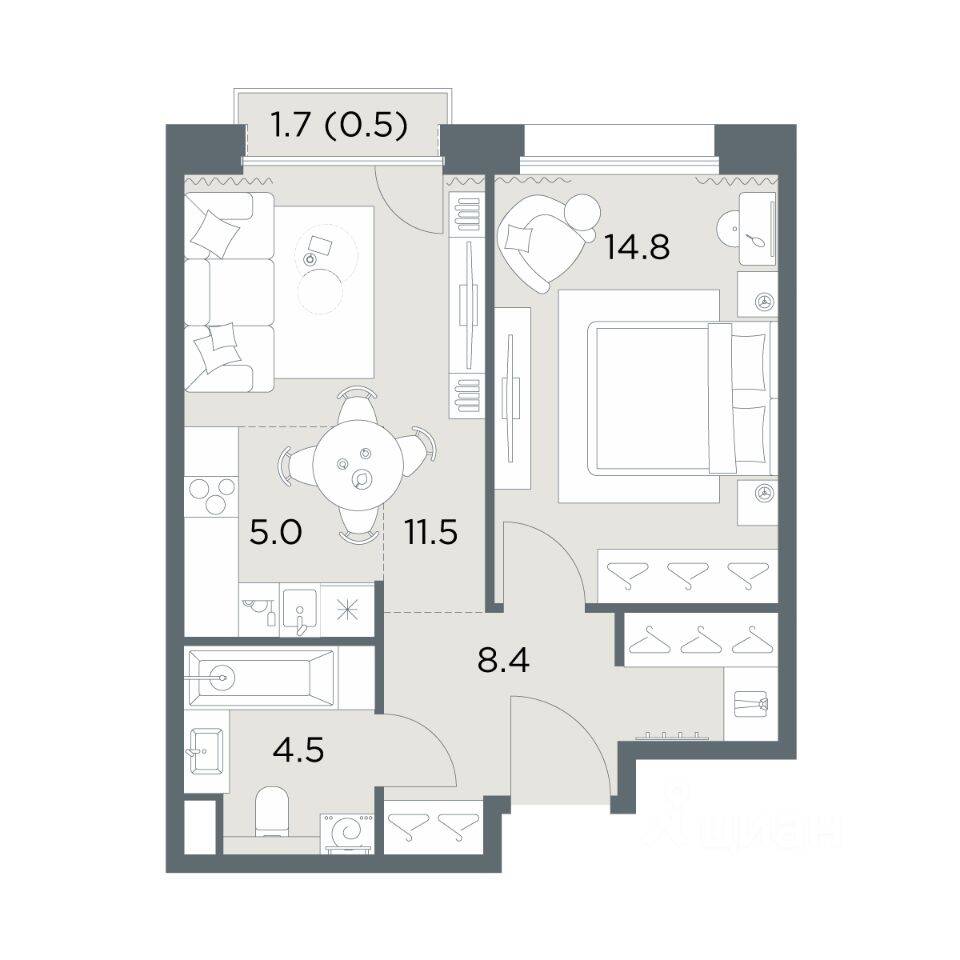 Планировка 2 комнатной квартиры, 44.7 м², в «Станиславский»