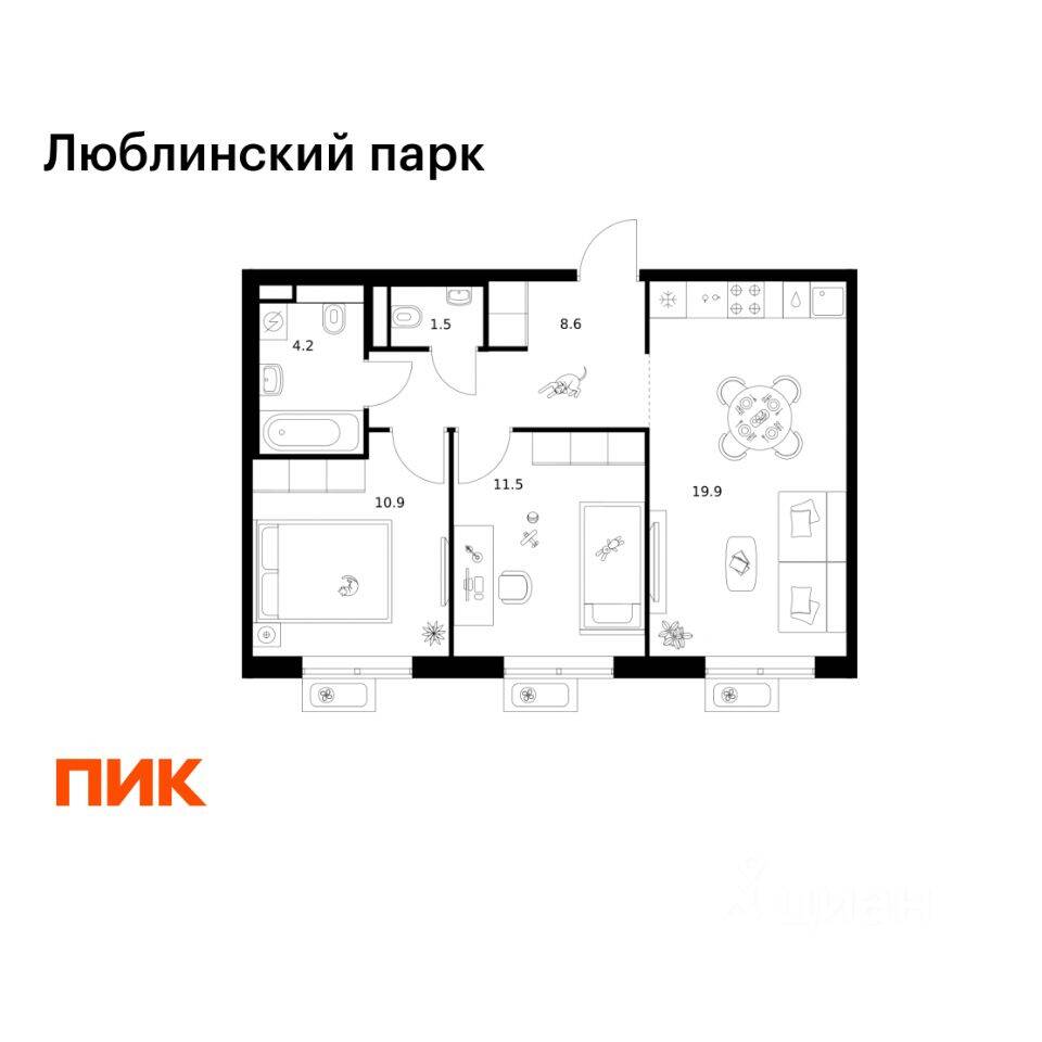 2-комн. квартира, 56,6 м², в ЖК «Люблинский парк»