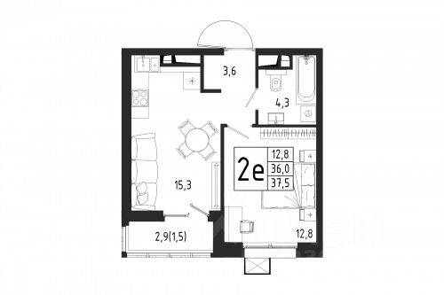Планировка 1 комнатной квартиры, 37.5 м², в «Берег»