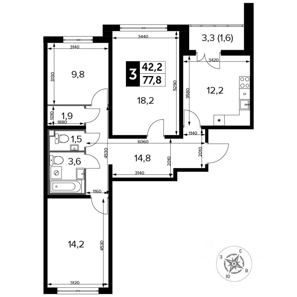 3-комн. квартира, 77,8 м², в ЖК «Южная Битца»