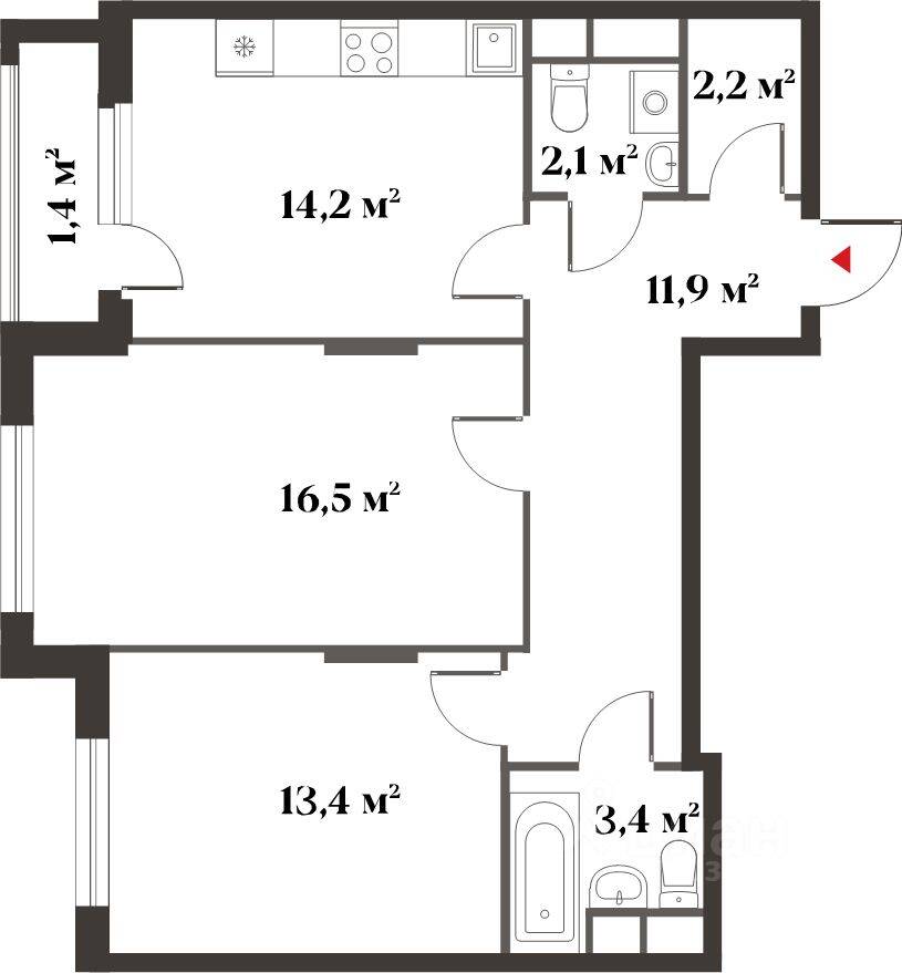 2-комн. квартира, 63,9 м², в ЖК Миниполис «Восемь кленов»