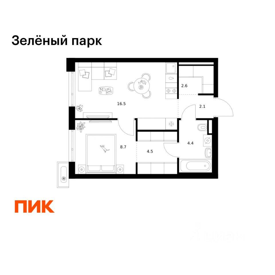 1-комн. квартира, 38,8 м², в ЖК Зеленый парк