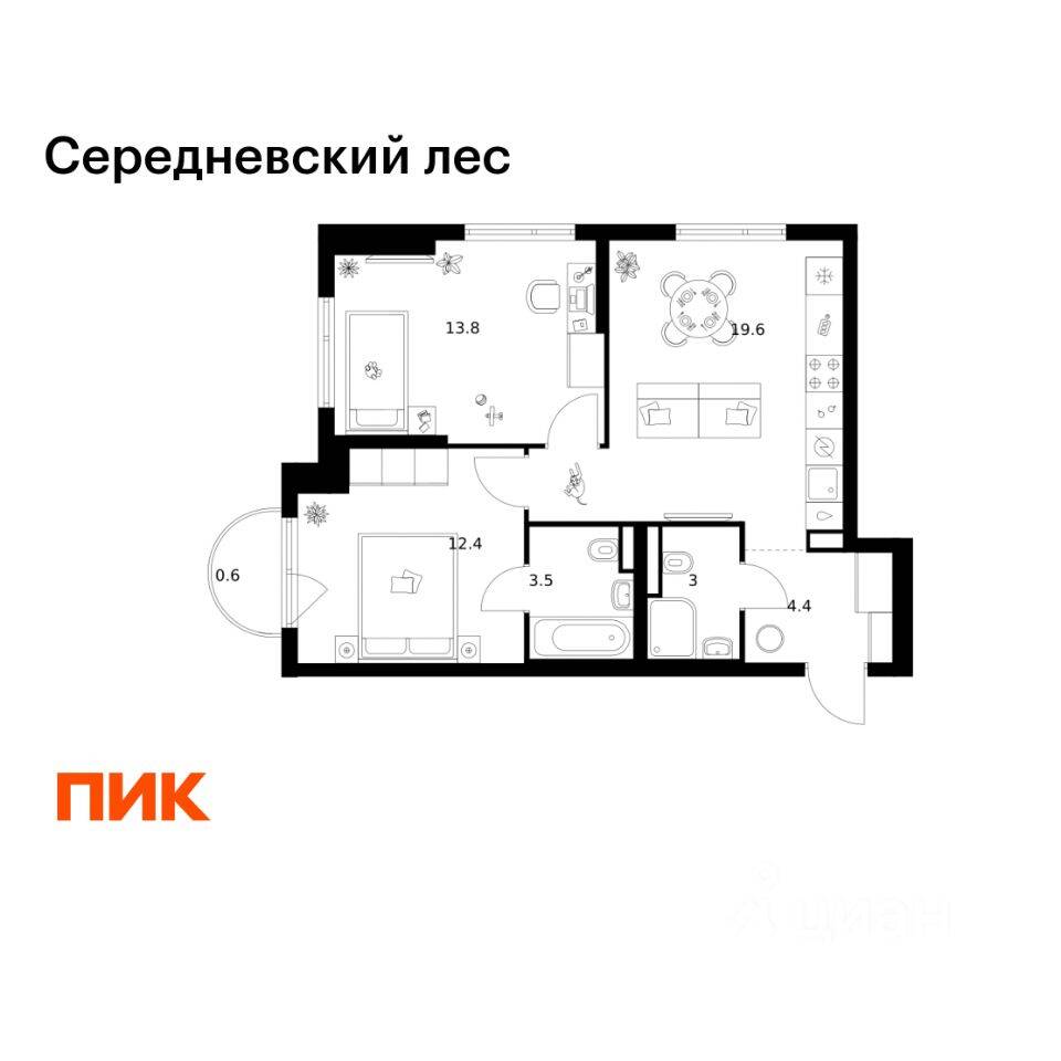 2-комн. квартира, 57,3 м², в ЖК Середневский лес
