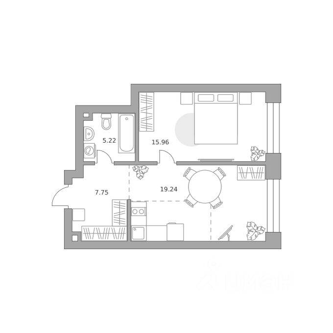 Планировка 1 комнатной квартиры, 48.17 м², в «Павелецкая от Гранель»