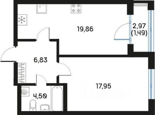 1-комн. квартира, 50,68 м², в ЖК Регенбоген