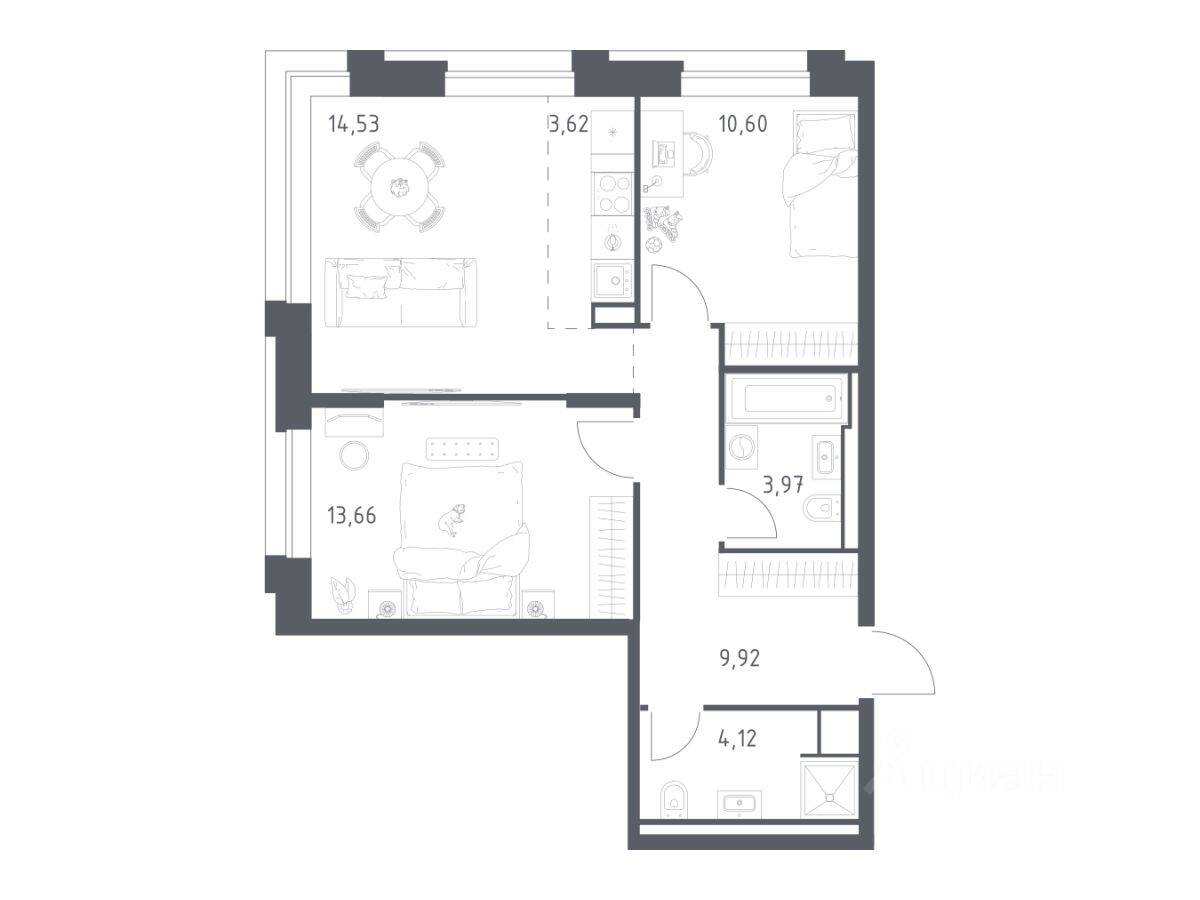 2-комн. квартира, 60,42 м², в Апарт-комплекс Верейская 41