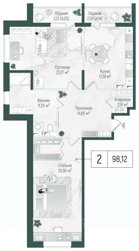 2-комн. квартира, 101,7 м², в ЖК Riga Hills