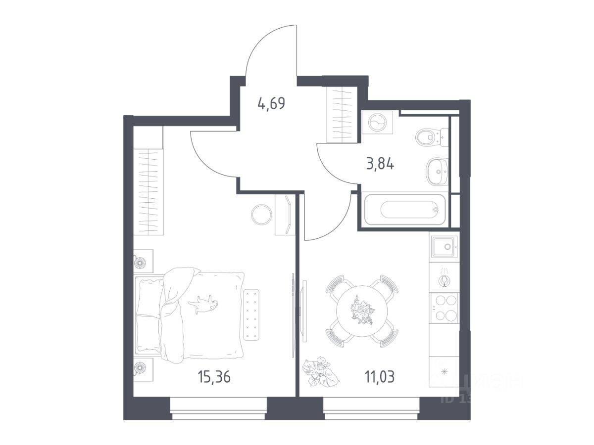 1-комн. квартира, 34,92 м², в ЖК Богдановский Лес