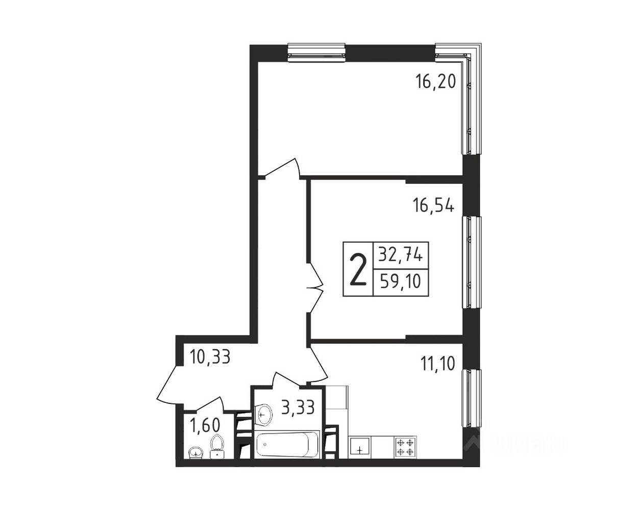 2-комн. квартира, 59,1 м², в ЖК Серебро