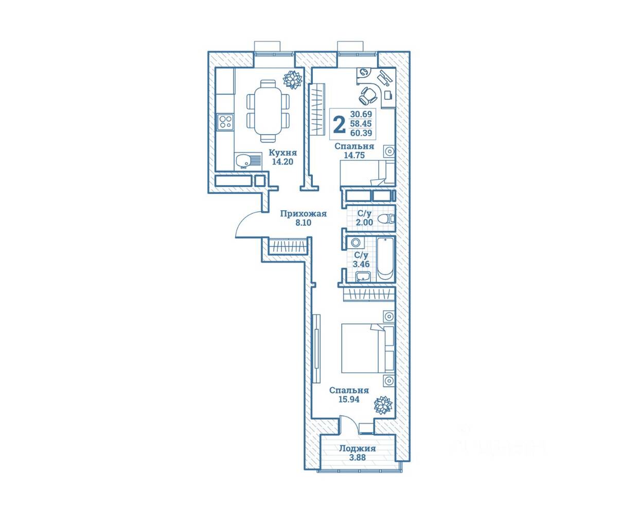 2-комн. квартира, 60,39 м², в ЖК Новоград Монино