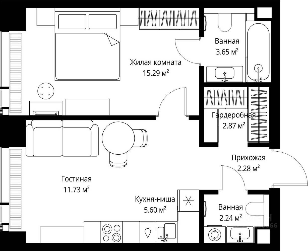 1-комн. квартира, 43,66 м², в ЖК Veer