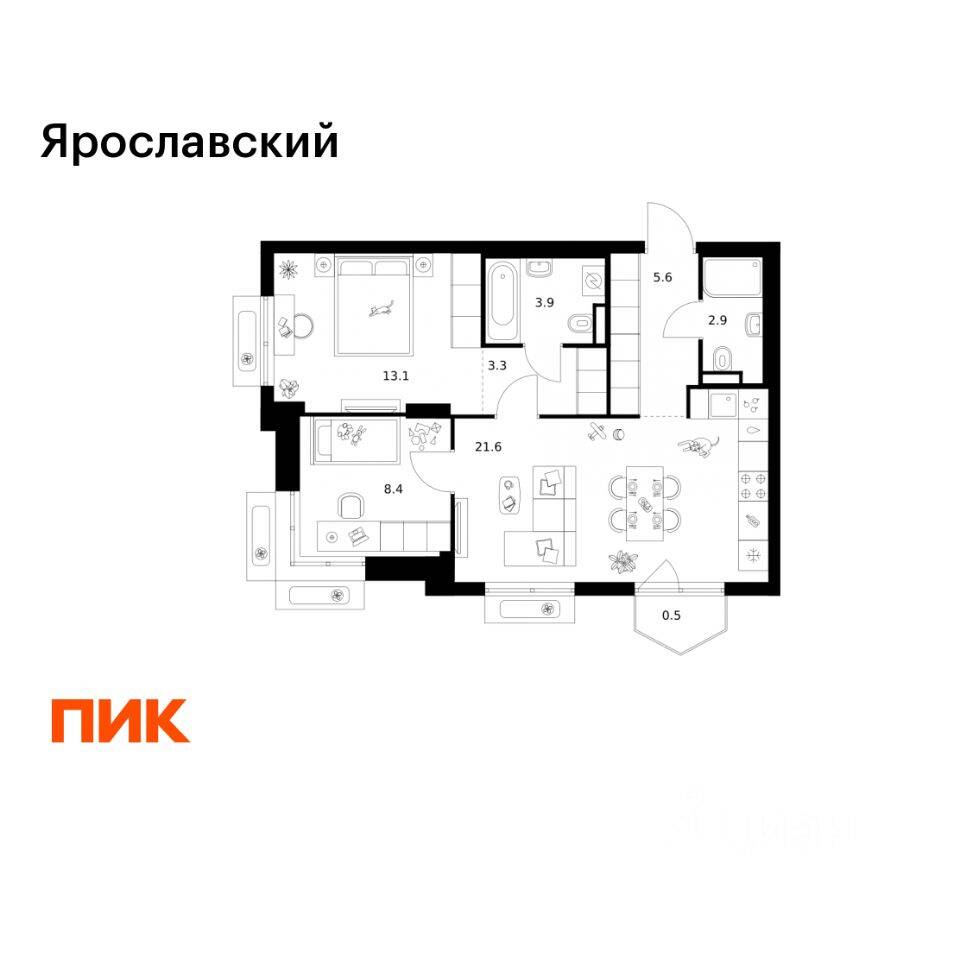 2-комн. квартира, 59,3 м², в ЖК «Ярославский»