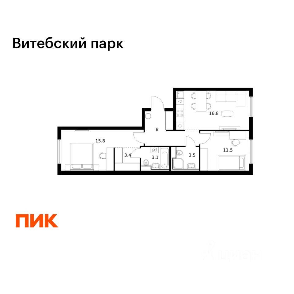 2-комн. квартира, 62,1 м², в ЖК Витебский парк