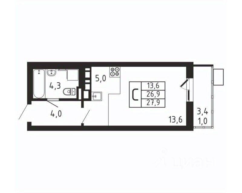 Квартира-студия, 27,9 м², в ЖК «Пироговская Ривьера»