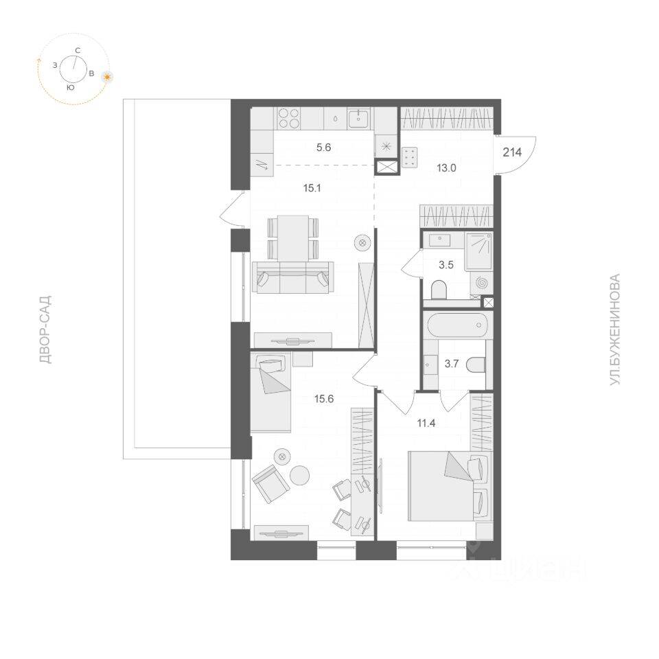 Планировка 2 комнатной квартиры, 67.9 м², в «ARTEL»