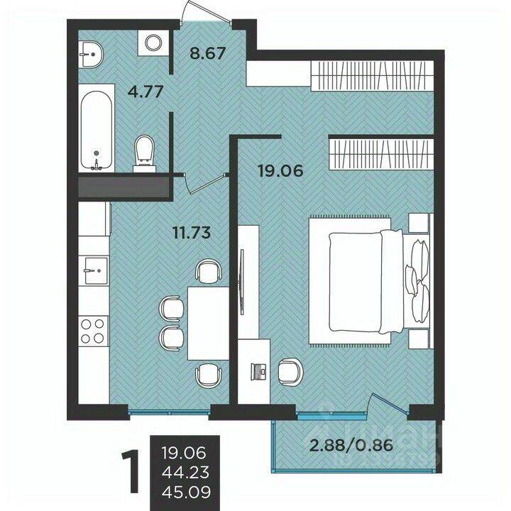 Планировка 1 комнатной квартиры, 45.2 м², в «Новокасимово»