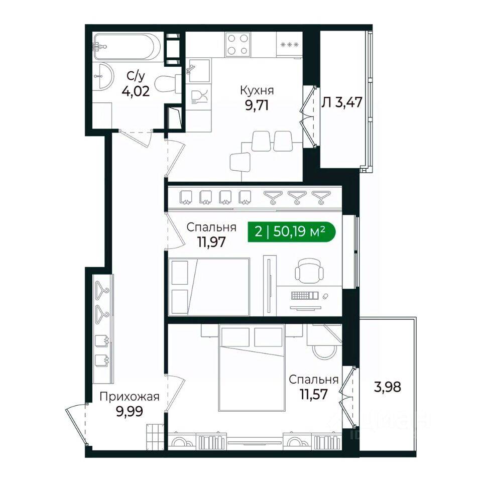 2-комн. квартира, 46,7 м², в ЖК Sertolovo Park