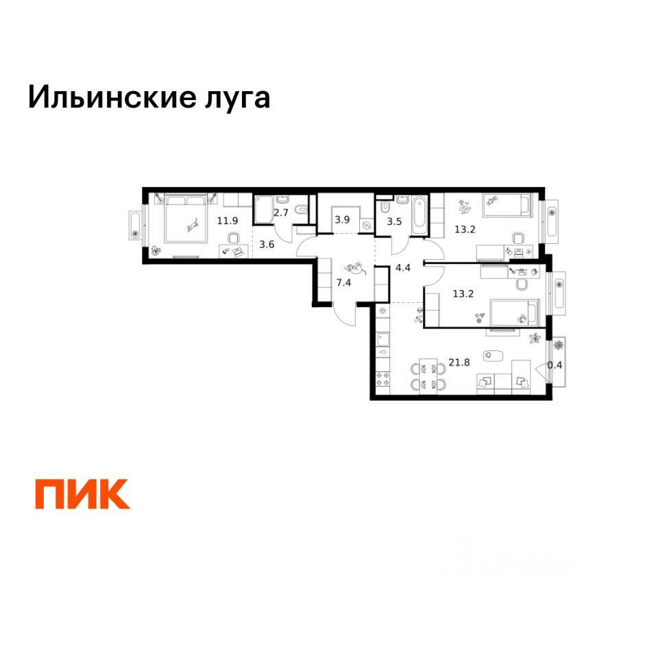 3-комн. квартира, 86 м², в ЖК «Ильинские луга»