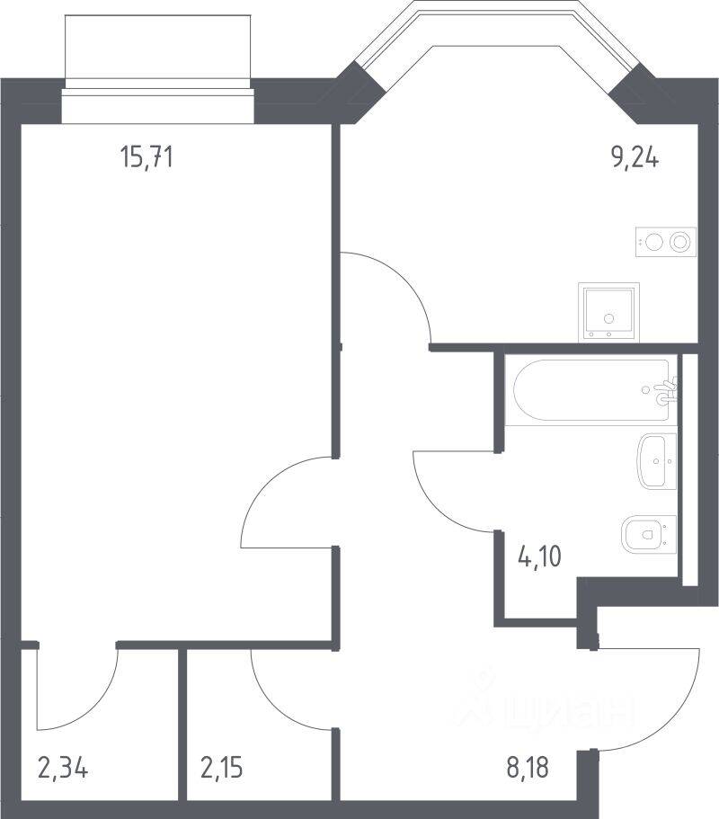 Планировка 1 комнатной квартиры, 41.72 м², в «Квартал Домашний»