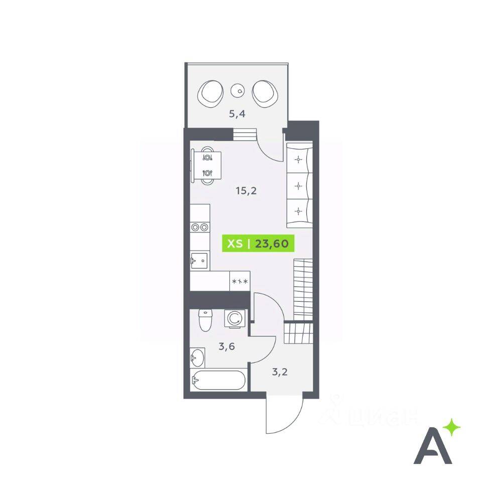 Планировка 1 комнатной квартиры, 23.6 м², в «Аквилон Stories»