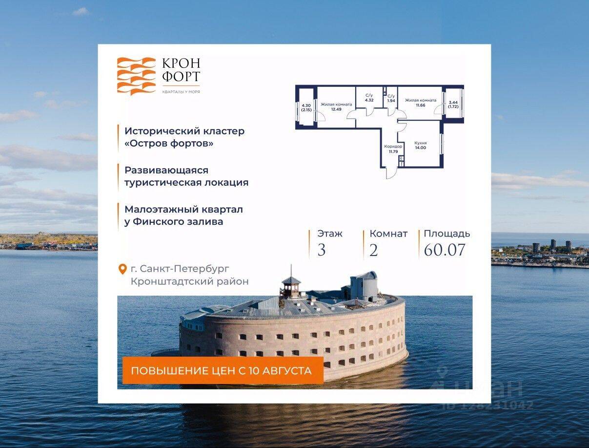 2-комн. квартира, 60,07 м², в Малоэтажный ЖК Кронфорт. Центральный
