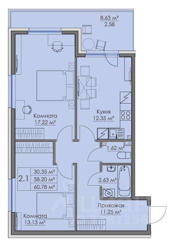 2-комн. квартира, 60,78 м², в ЖК «Малая Финляндия»