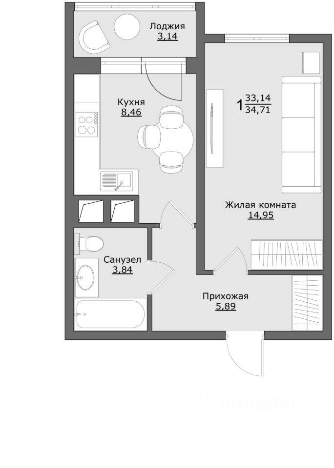 1-комн. квартира, 34,71 м², в ЖК Клевер