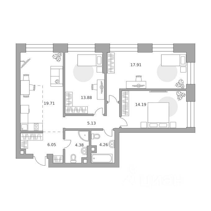 3-комн. квартира, 85,51 м², в МФК «Павелецкая от Гранель»
