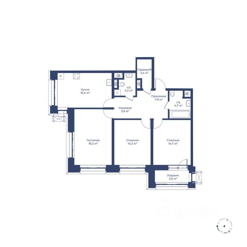 Планировка 3 комнатной квартиры, 88.6 м², в «Цветочный город»